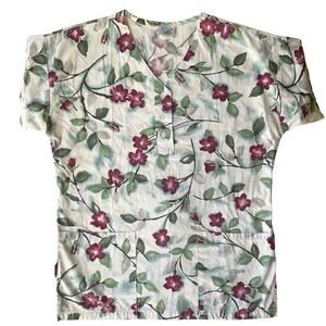 PL Uniform Women Short Sleeve Nurse Blouse size XS, Floral White Green Red